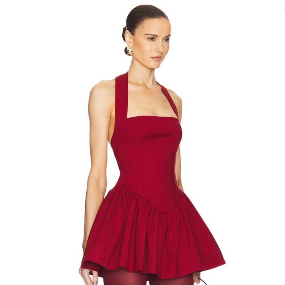 Helsa Faille Halter Mini Dress in Rouge Red NWT